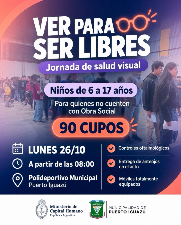 IGUAZÚ: ESTE LUNES 26 DE OCTUBRE SE REALIZARÁ UNA NUEVA JORNADA DEL PROGRAMA “VER PARA SER LIBRES”